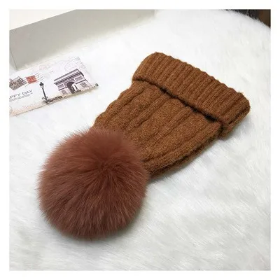 Натуральный мех помпон для девочек, Вязаная Мягкая теплая шапка Skullies Beanies, зимняя женская шапка с помпонами, женская шапка - Цвет: caramel