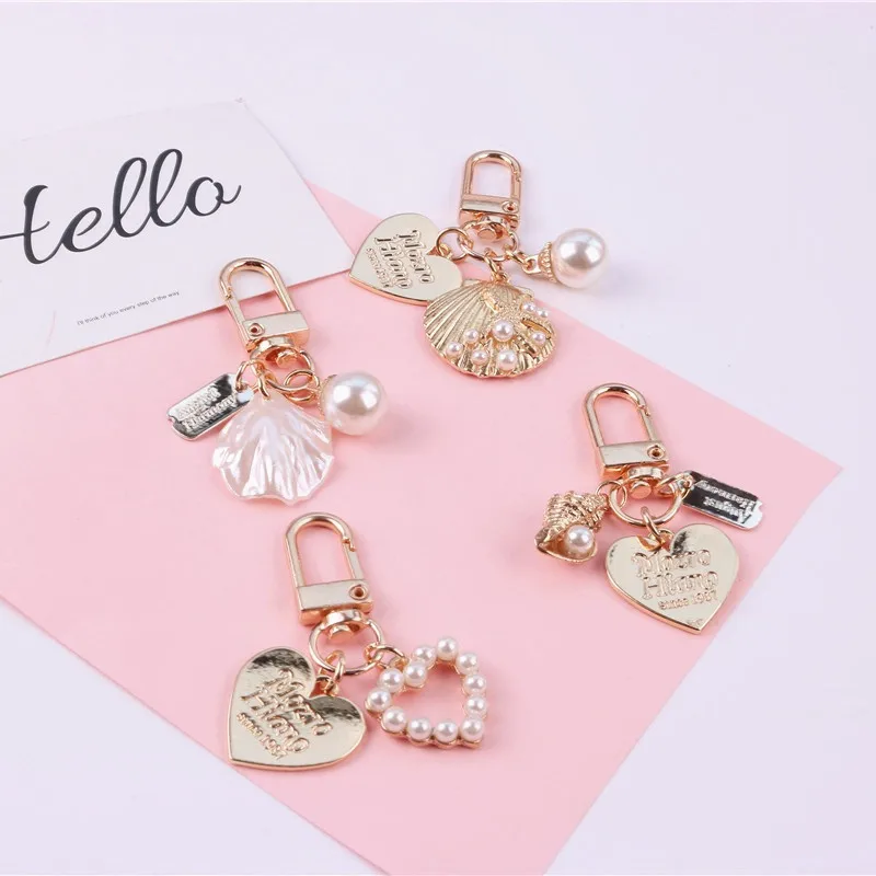 Cute Heart Keychain Women Girl Korean Fashion Shell Pearl Key Chain Bag Charms Gold Key Ring