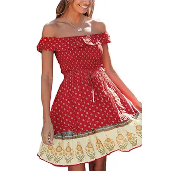 

Womens Boho Floral Print Mini Dress Summer Ladies Ruffle Frill Summer Beach Holiday Sundress Party Off-shoulder Dresses Female