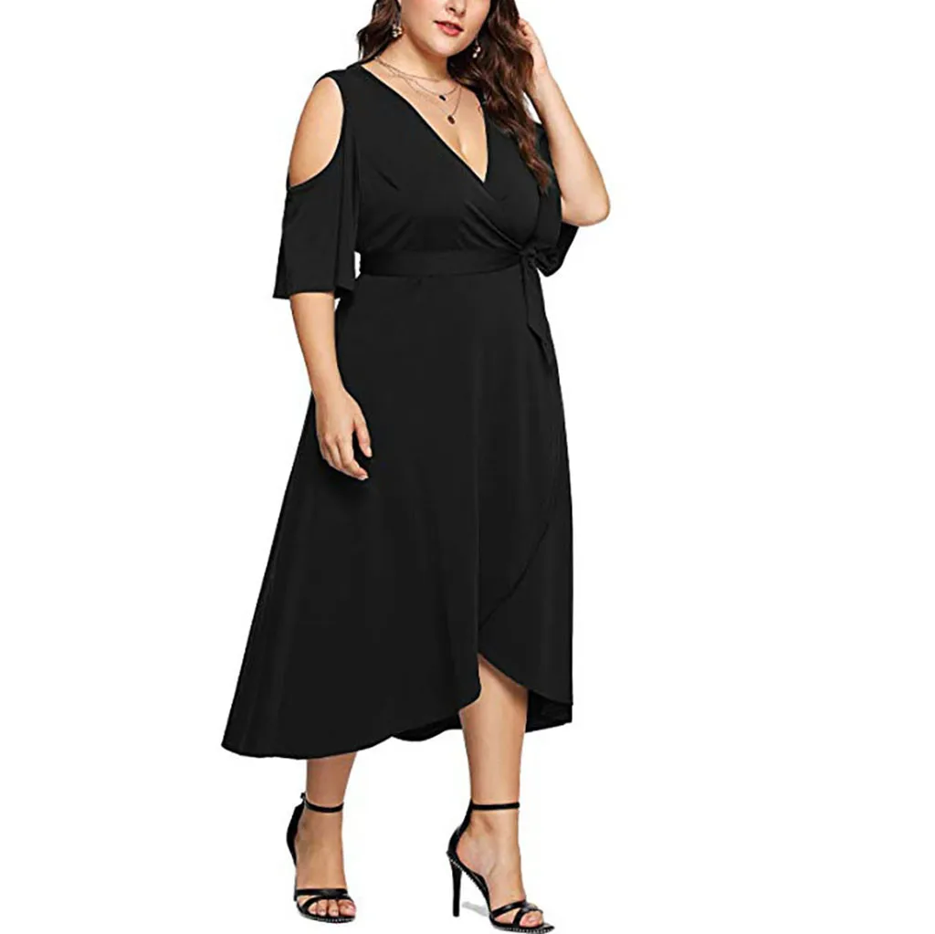 

SAGACE 2019 Women's Short Sleeve Solid Color Large Size V-neck Dress Off Shoulder Short Sleeve Party Waist Casual Dress