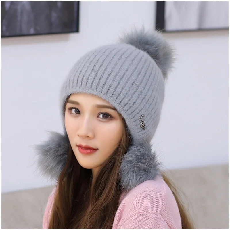 Grey Женская осенне-зимняя Модная трикотажная шляпа, Повседневная модная универсальная Милая шапка с большим шерстяным помпоном, теплая уличная шапка из кроличьей шерсти - Цвет: Grey