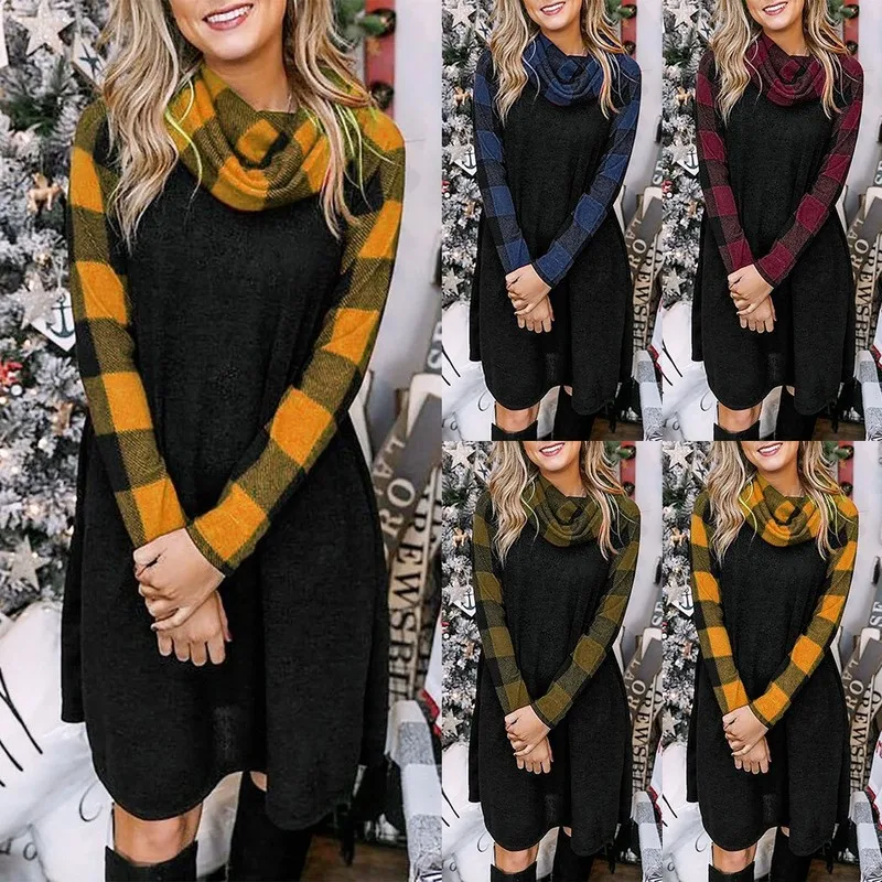 

Autumn and Winter in Europe and Large Size Dress Check Print Splicing Long-Sleeved Dress