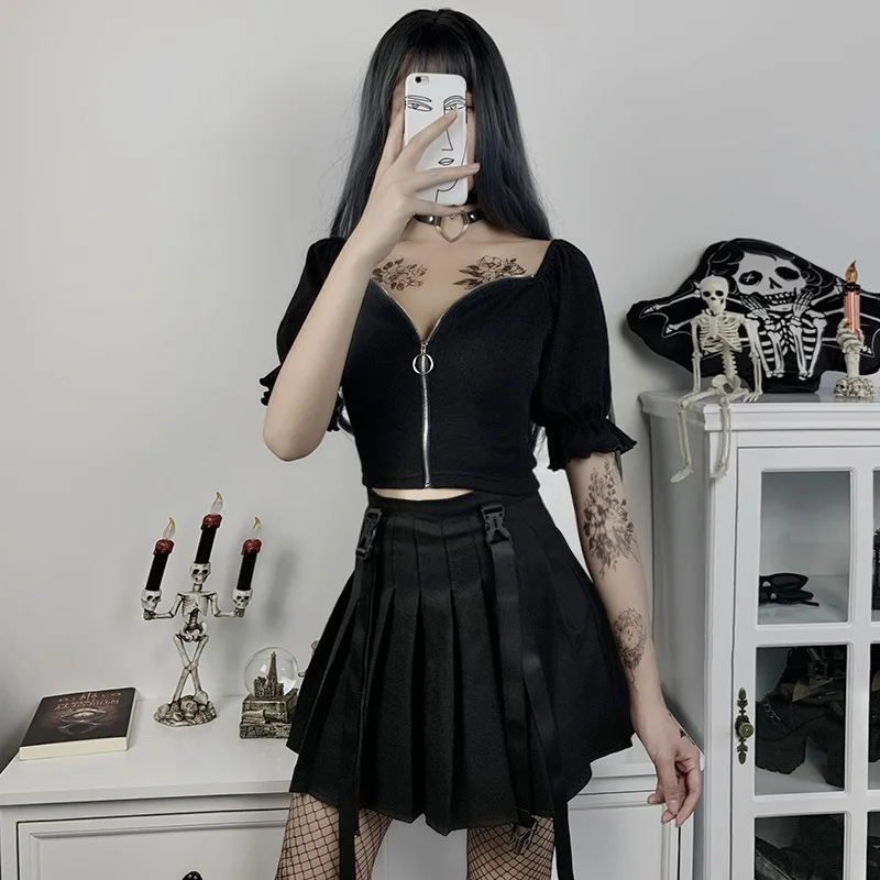 Black Dark Goth Woman Sexy T-shirt 2021 Lady Open Stitch Square Collar Zipper Puff Sleeve Hipster Tshirt Gothic Punk Short Top