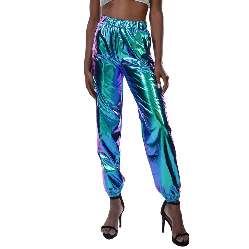 Hip Hop Women Holographic Pants Night Club Elastic High Waist Long Trousers Women Joggers Streetwear Dance Track Pants All-match