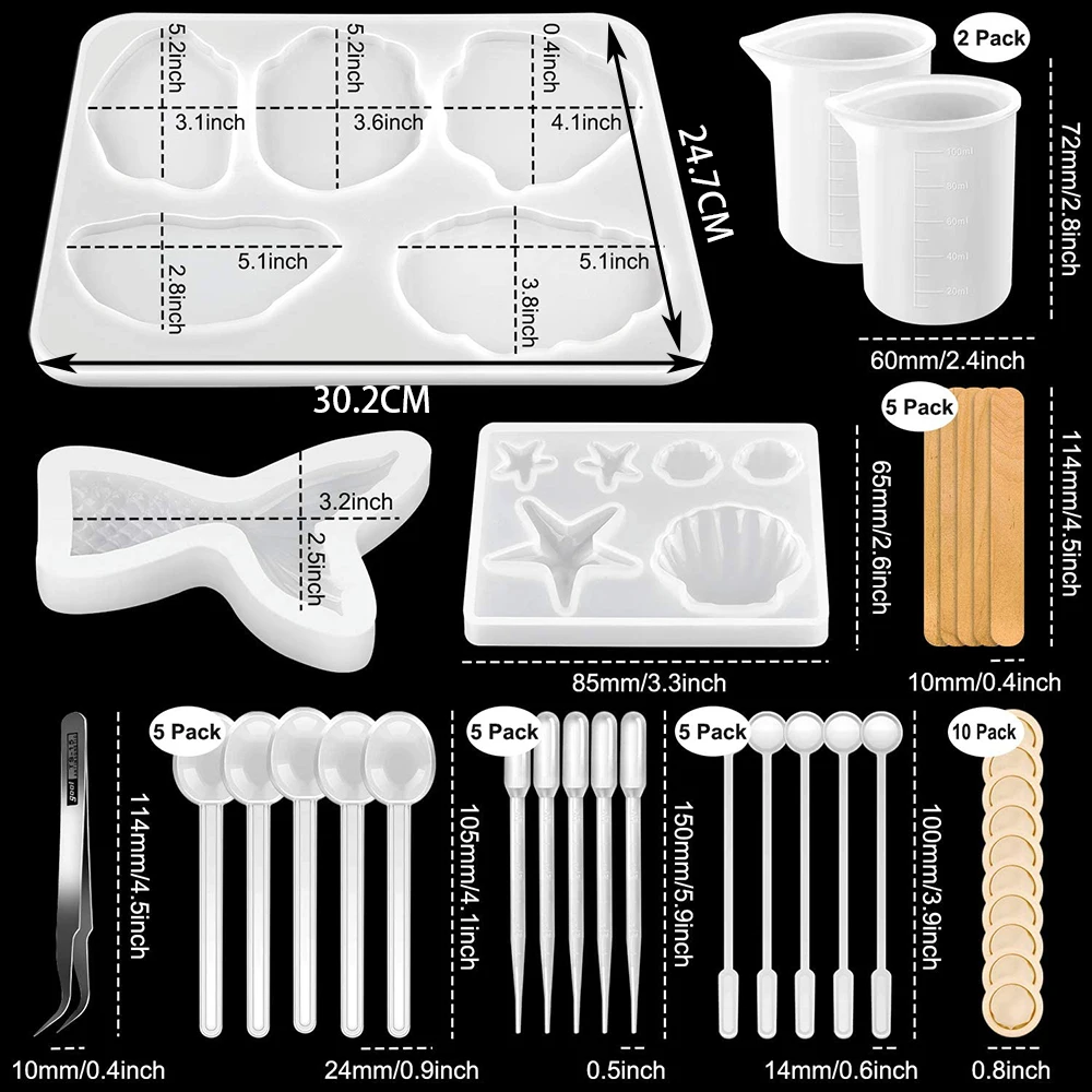 

37Pcs DIY Ocean Style Tray expoxy Resin Casting Mold Set With Irregular Agate Geode&Mermaid Tail&Seashell Starfish&34Pcs Tools