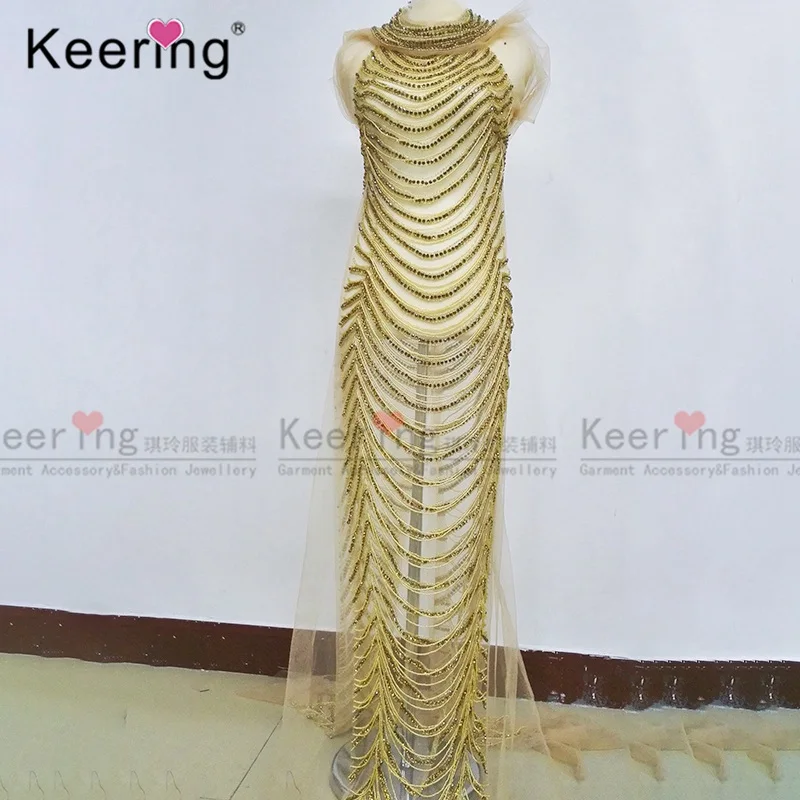 Свадебное большое платье, стразы, аппликация с кристаллами для длинного платья русалки. WDP-052 - Цвет: gold and nude