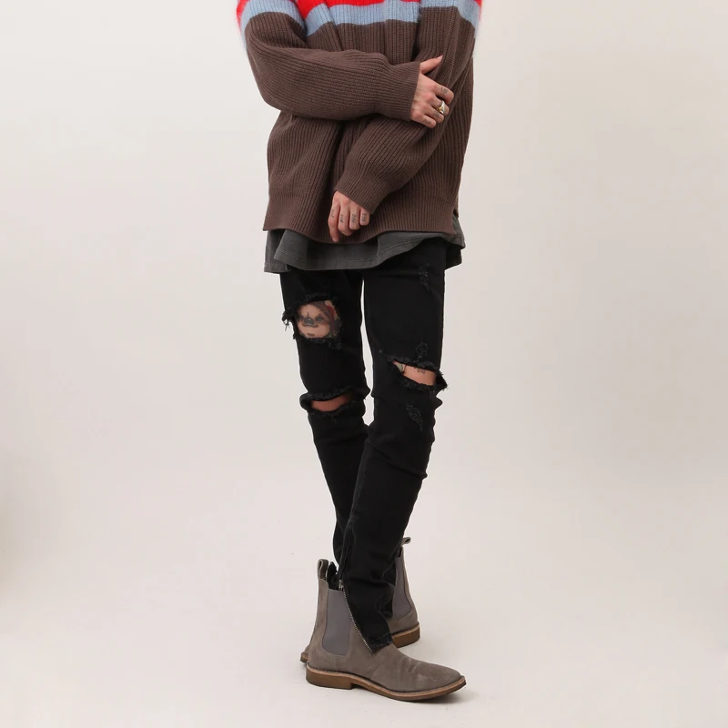 Tide thin knees hole black Slim zipper feet jeans men's autumn and winter new trousers high street