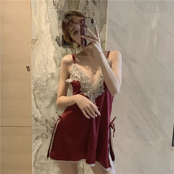 

2020 Sexy Sleepwear V-neck Night Dress Lingerie Women Embroidery Nightwear Sexy Lace Underwear Nightdress