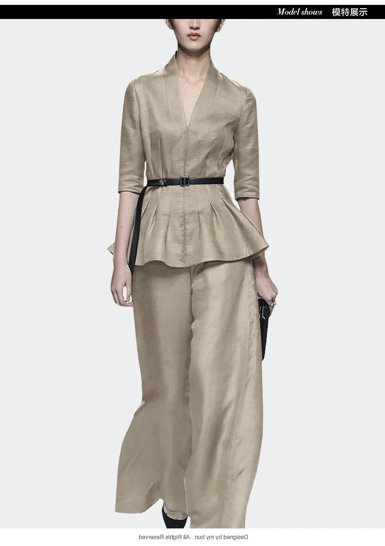 Новое поступление весенние модные тонкие комплекты из двух предметов женская блуза с v-образным вырезом и рукавом средней длины и широкие брюки T1805120-1