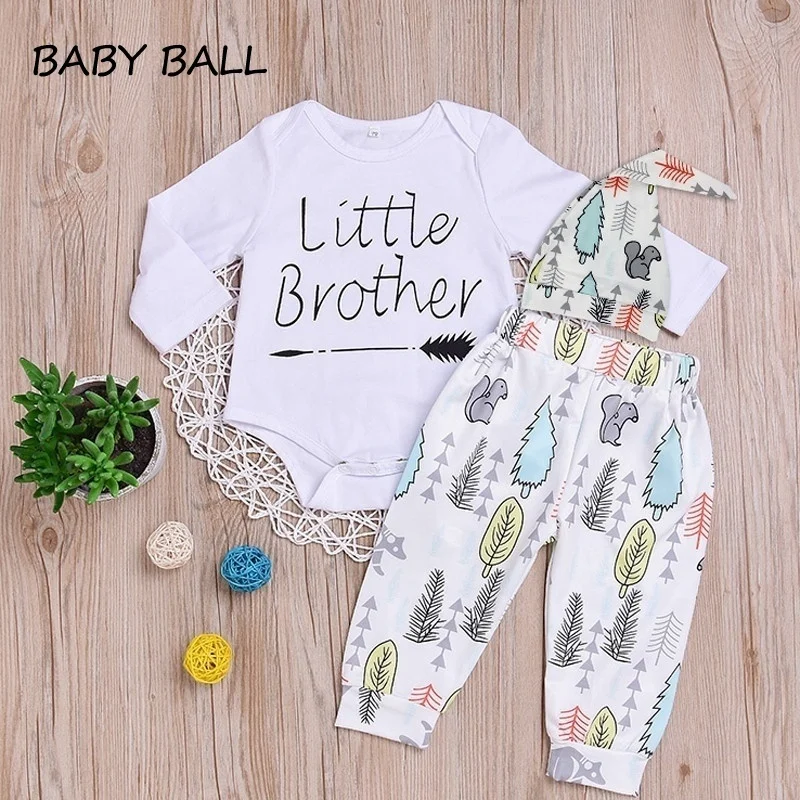 Newborn Infant Toddler Baby Boys Cute Outfit Little Brother Romper+ Long Pants+Hat 3Pcs Clothes Set |