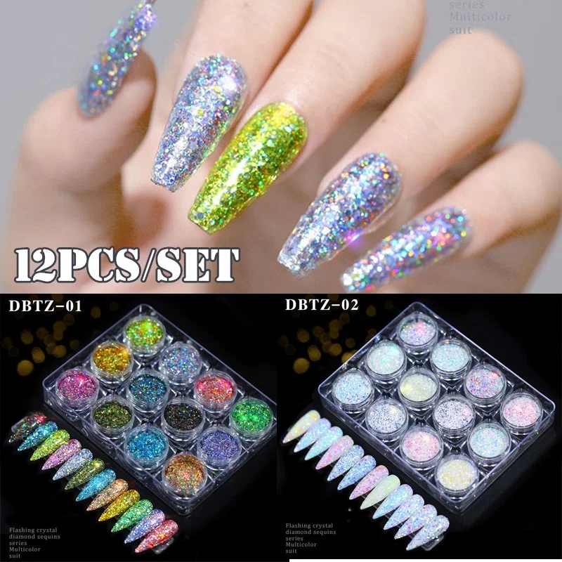 

12 Boxes/set Shining Diamond Holographic Nail Glitter Laser Holo Nail Sequins Paillettes Powder Nail Glitter Dust Nail Art DIY