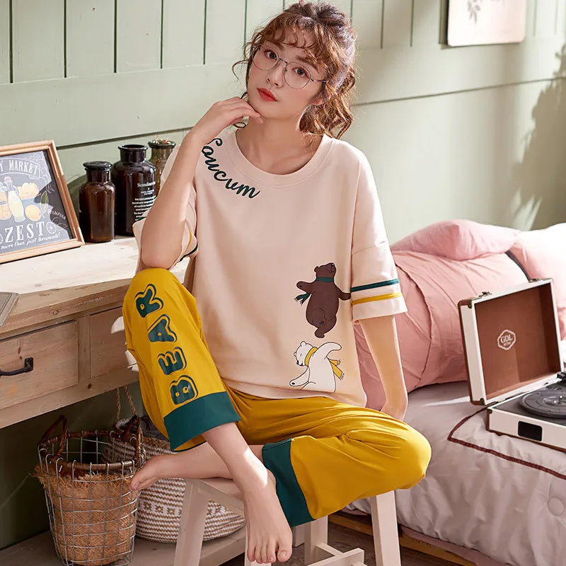 

Pajamas Female Summer 6535 Knitted Cotton Short Sleeve Korean-style Women's Japanese Korean Thin Tracksuit Spring And Autumn Tro