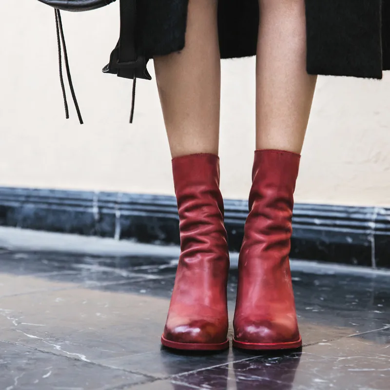 Casual Boots Women Round Toe Square High Heel Slim Zipper Ladies Party Bottes Solid Color Comfy Genuine Leather Boots Woman