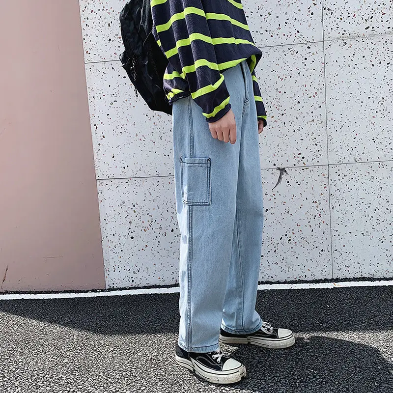 

Straight Jeans Men's Fashion Washed Retro Casual Jeans Pants Men Streetwear Wild Loose Hip Hop Denim Trousers Mens S-2XL