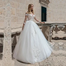 Изысканное Тюлевое ТРАПЕЦИЕВИДНОЕ свадебное платье с кружевной аппликацией и длинным рукавом, свадебное платье, бальное платье на заказ