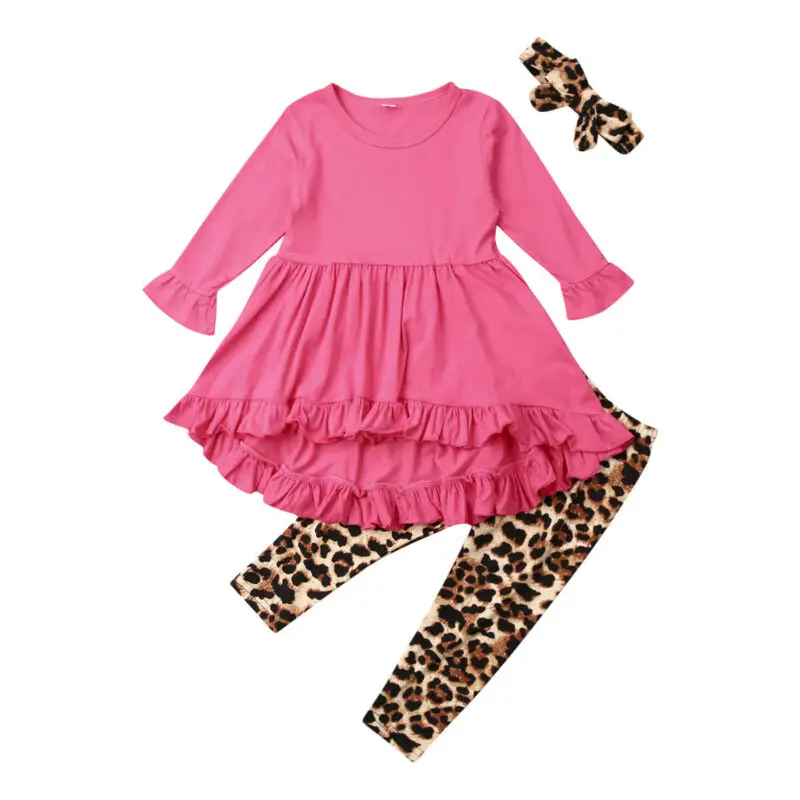 Комплект из 3 предметов для маленьких девочек футболка+ штаны с леопардовым принтом зимняя одежда для малышей комплект одежды для младенцев, спортивный костюм для девочек
