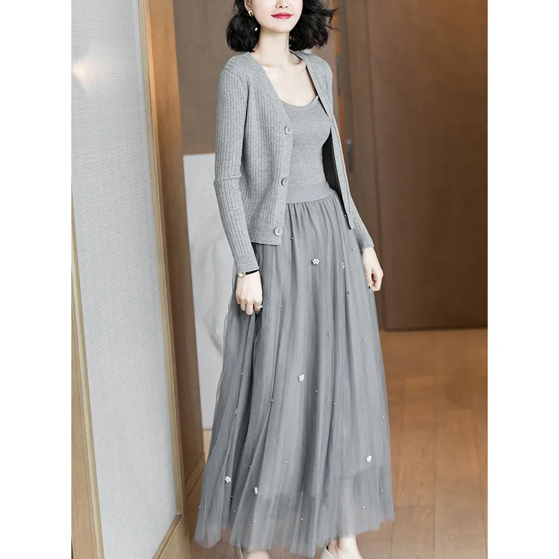 

Two-Piece Set Small Camisole + Cardigan 2019-New Style Fashion Knitted Sweater Western Style Mesh Dress Three-piece Set Women's