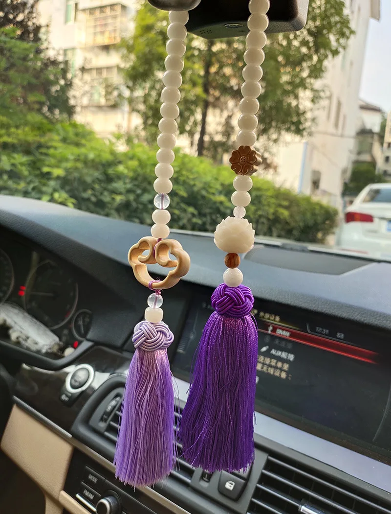 Handmade Retro Crystal Car Pendant Interior Accessories for Girls Bodhi Root Wishful Mirror Rear View Ornaments