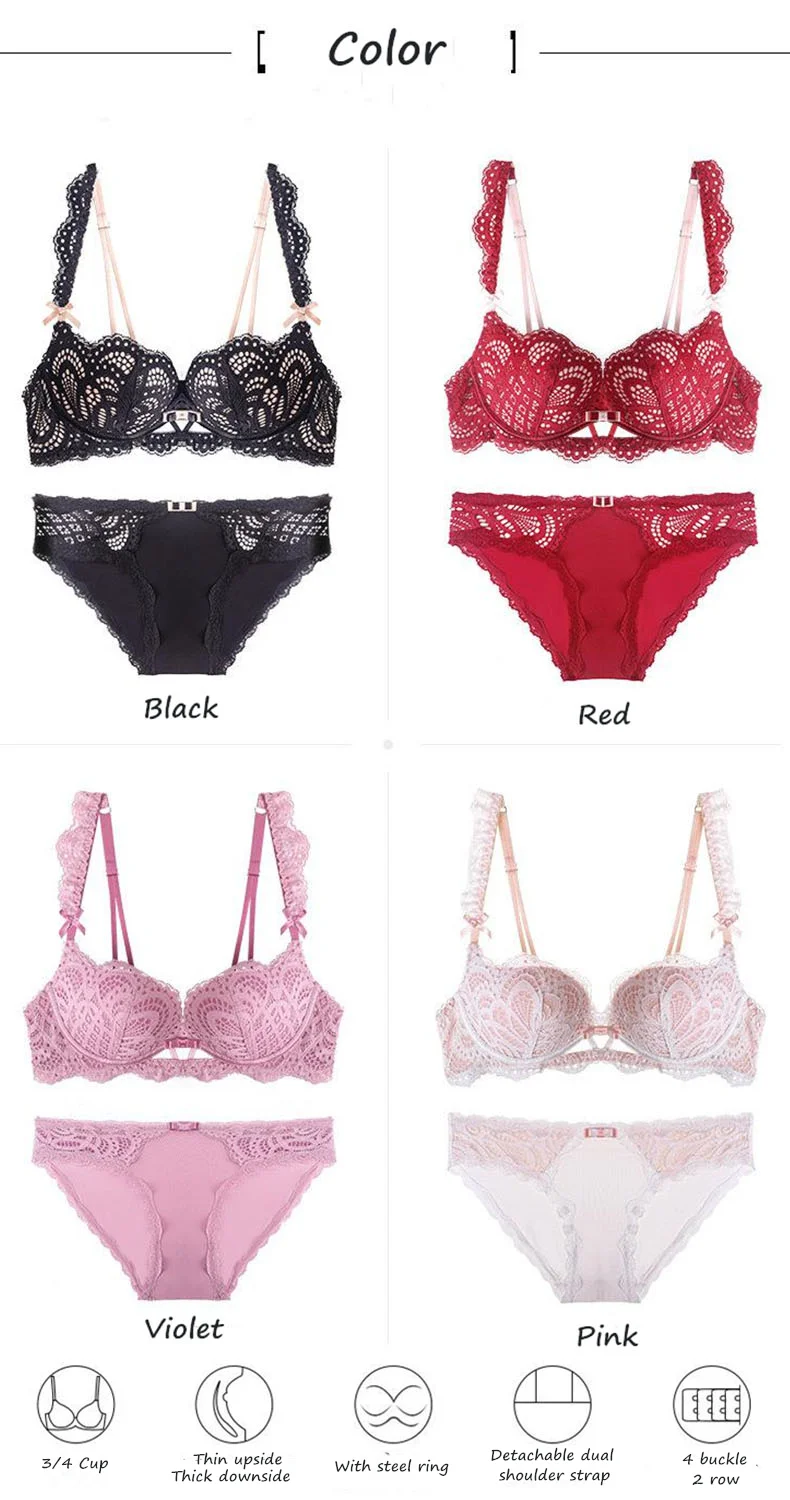 Сексуальный кружевной комплект с бюстгальтером, Женский комплект нижнего белья, комплект нижнего белья пуш-ап, сексуальные Lcae трусы, нижнее белье, комплект с бюстгальтером, трусики с чашечками 3/4