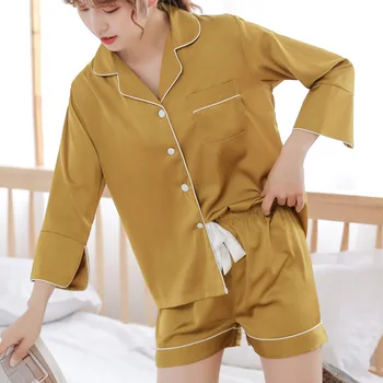 

Sleepshirt Suit Shirt Pants Spring Short Sleeve Pajamas Sleep Set Women Turn-down Collar Nightwear Nighty Pijamas Robe Nighties
