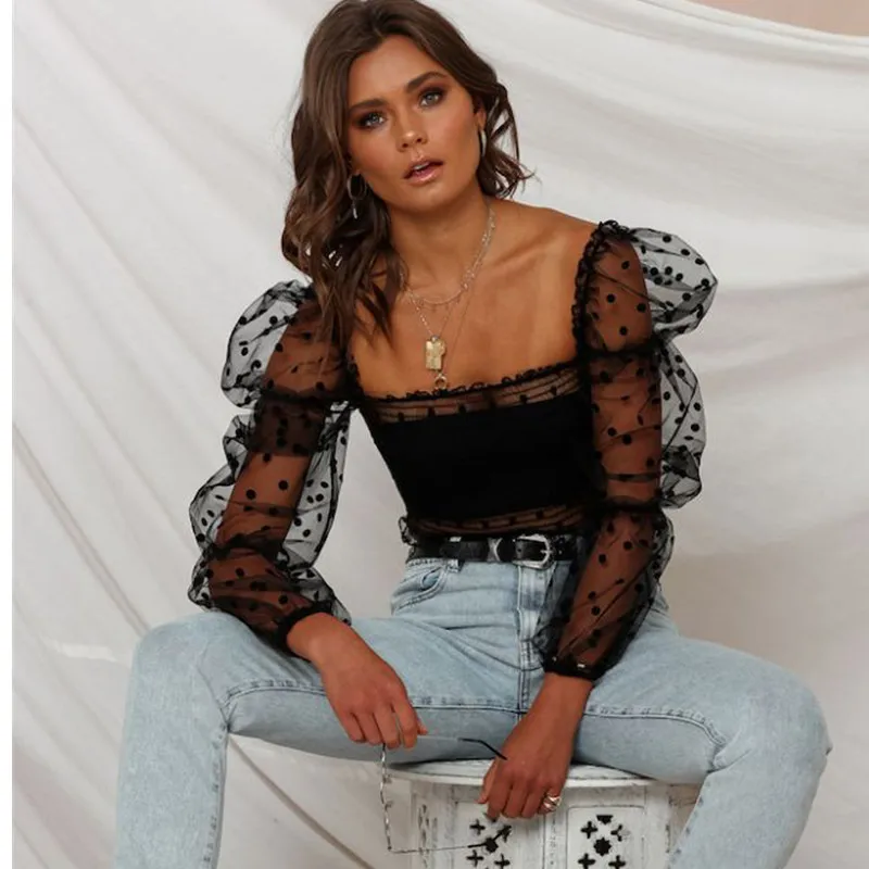 

2020 Freeship Women Mesh Sheer Crop Tops Cover-Ups Summer Star Dot Print Puff Sleeve Lace Blouse See-through Women Cover-Ups