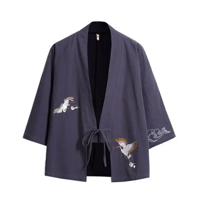 Японский стиль для мужчин Yukata пальто Винтаж лен хлопок сплошной цвет вышивка платье Весна Китайская традиционная свободные кимоно пальто - Цвет: StyleA 5