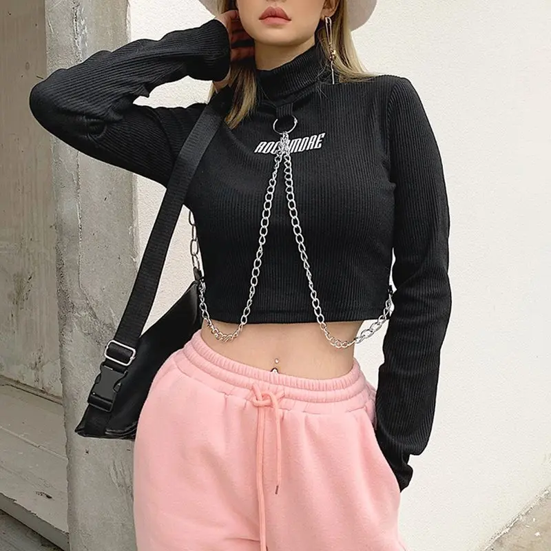 Rosetic Punk Chain Knitted Tshirt Long Sleeve Women Tops Letter Print Spring Sexy Navel Short T-Shirt Black Gothic Streetwear