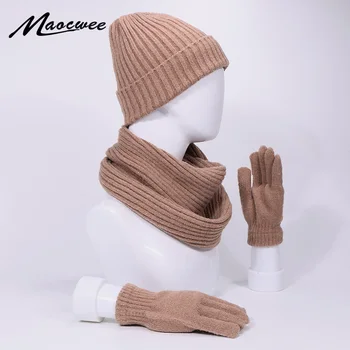 

3Pcs Skullies Beanie Hat Scarf Gloves Set For Men And Women Winter Outdoor Warm Thick Beanies Cap With Lining Ring Scarves Full Finger Gloves Set Soft Neck Balaclava Bonnet Beanie Hats Cap