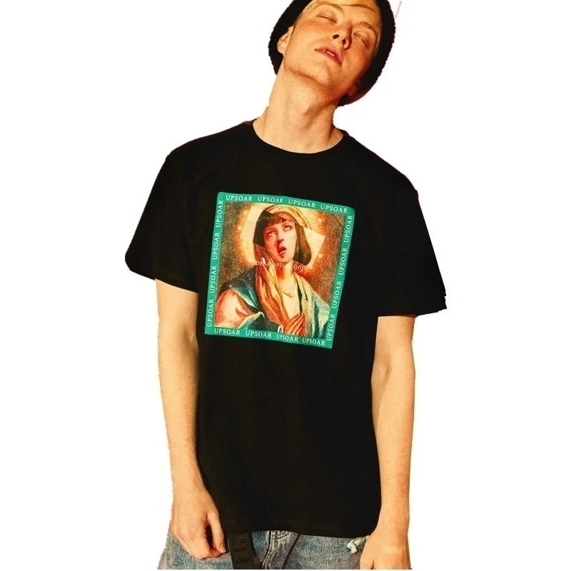 

VIP-JBH 1pcs Virgin Mary Printed Tops Tees Pulp Fiction Movie Tshirt Men Cotton Streetwear Hip Hop Casual Summer Fashion