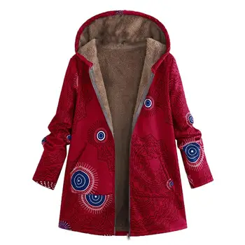 

Women Winter Warm Floral Hooded Jacket Flower Print Hooded Vintage Oversize Coat Thickened Fleece Zip Hooded Coat