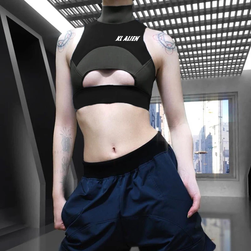 

Black Sporty Contrast Stitching Cutout Detail Crop Tops Women Summer Casual Slim Fit High Neck Ladies Night Out Short Tank Camis