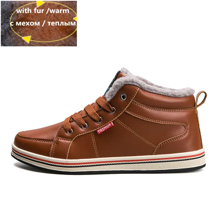 Модная теплая мужская зимняя обувь из плюша, большие размеры 39-48 г. Новая повседневная обувь с высоким берцем Мужские Водонепроницаемые кожаные кроссовки зимняя обувь - Цвет: Brown Fur