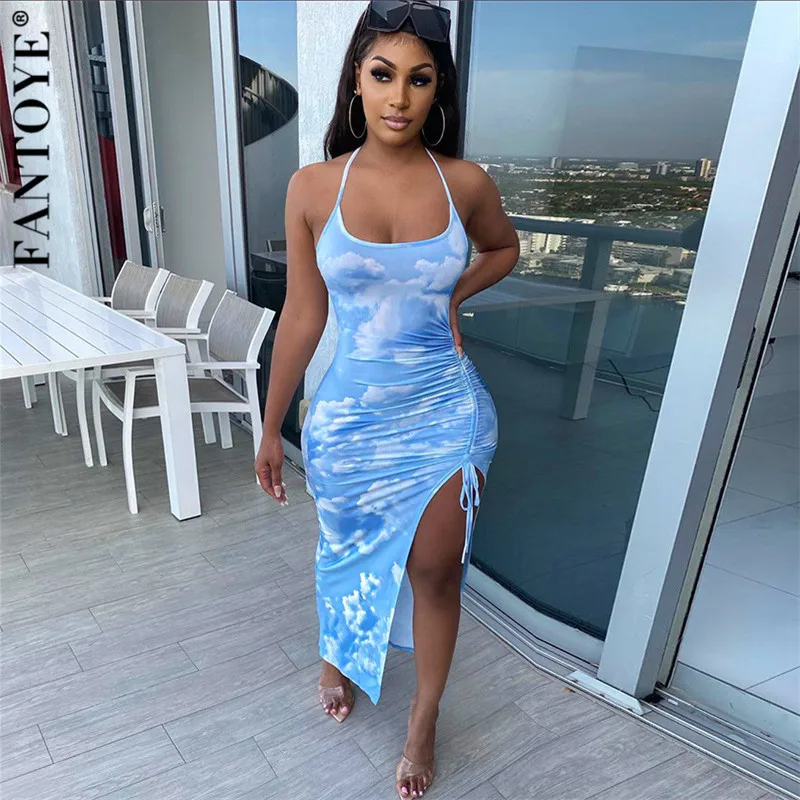 Женское платье без рукавов FANTOYE с разрезом рюшами и завязками открытой спиной |