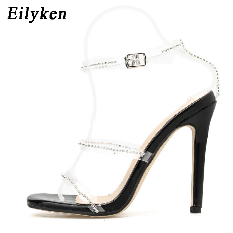 Eilyken New Fashion PVC Cryst Roman Gladiator Sandals High Heel Ankle Buckle Strap Women Shoes Sexy Night Club Party Shoes - Цвет: Black