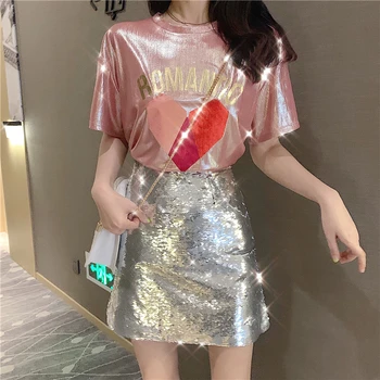 

blouse women Women top tee and skirt suits sequined laser printed short-sleeved T shirt sequined slim skirt skirt and top set
