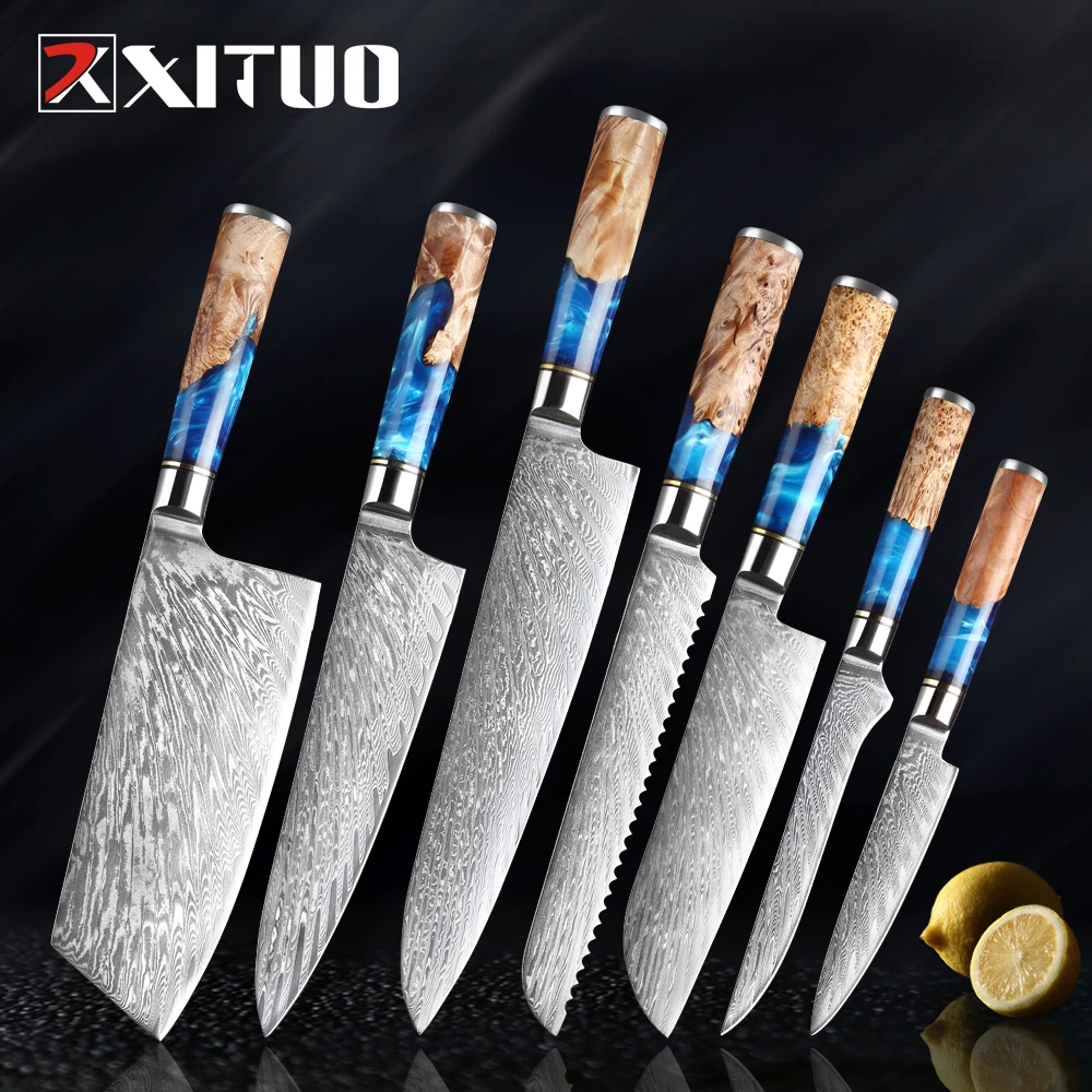 XITUO Kitchen Knives-Set Damascus Steel Chef Knife Cleaver Paring Utility Bread Knife Cooking Tool Blue Resin Handle 1-6Pcs/Set