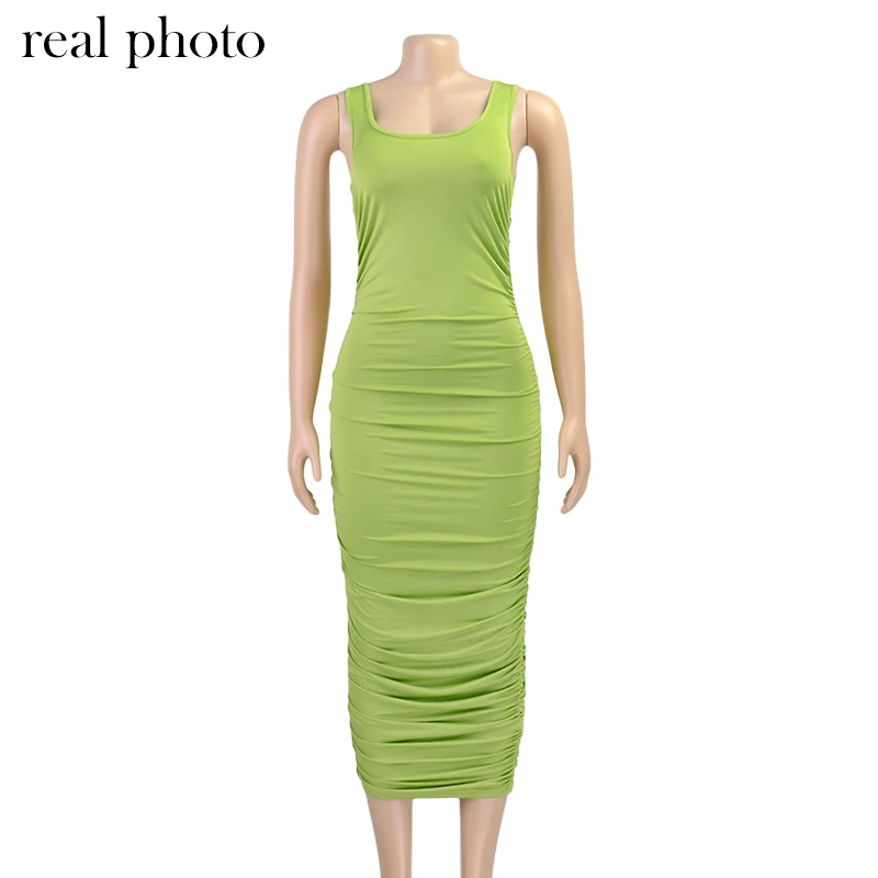 Simenual Ruched Solid Sexy Bodycon Party Dresses Women Fashion Sleeveless Skinny Clubwear Basic Hot Midi Dress 2020 Slim Female