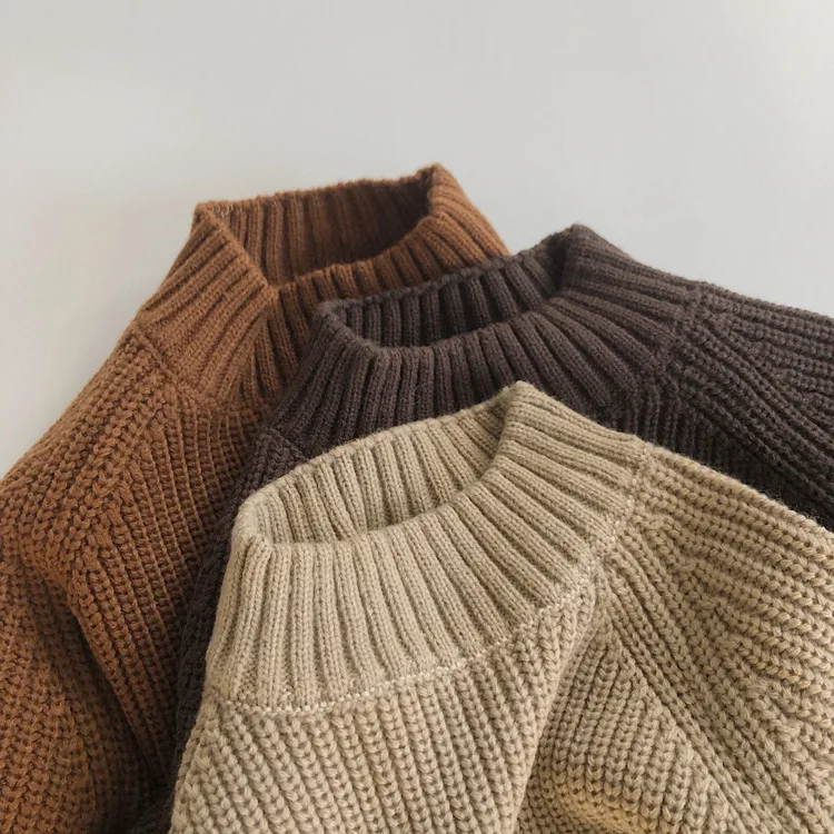Korean Style New Winter Baby Boys Knitted Sweaters Pure Color Thicken Pullovers Tops Toddlers Kids Sweater