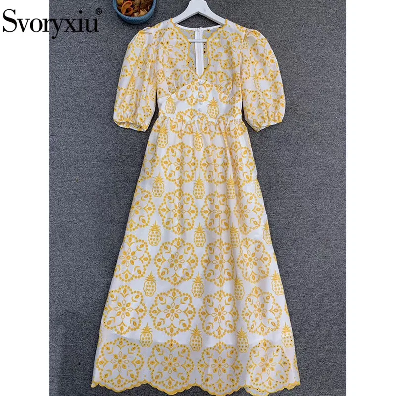 Svoryxiu Sexy V-hals Zomer Party Jurken Vrouwen Elegante Half Sleeve Hollow Out Borduren Kleurrijke Midi Jurk Designer Svoryxiu Sexy V-hals Zomer Party Jurken Vrouwen Elegante Half Sleeve Hollow Out Borduren Kleurrijke Midi Jurk Designer