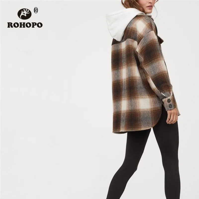 ROHOPO, отложной воротник, клетчатая твидовая осенне-зимняя куртка, пальто, пуговицы, ширинка на груди, карманы, круглый край, свободная верхняя одежда#8187