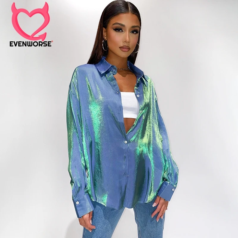 

Evenworse Slim Single Breasted Shirts Long Sleeve Tailored Collar Loose Version Solid Blouse Spring Fashion Sparkling Chiffon