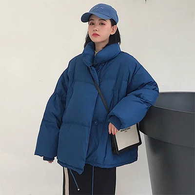 Однотонное пуховое пальто с стоячим воротником, женские зимние хлопковые куртки с длинным рукавом без капюшона, Женская Корейская свободная простая верхняя одежда размера плюс - Цвет: Blue