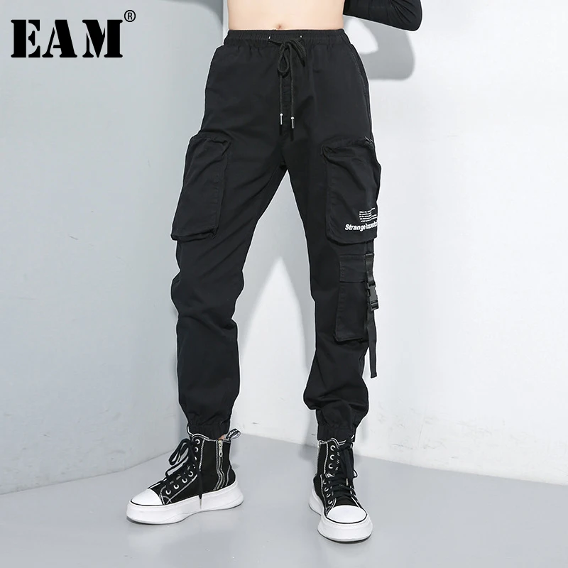 

[EAM] High Elastic Waist Black Pockets Personality Trousers New Loose Fit Pants Women Fashion Tide Spring Autumn 2019 1A703