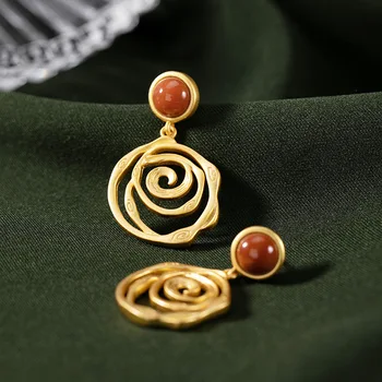 

silver S925 pure silver gold-plated South Red Agate personalized geometric fashion irregular women's earrings earrings