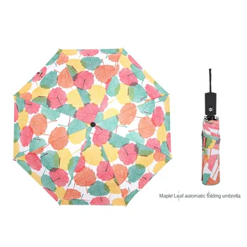

Small Fresh Automatic Black Plastic Umbrella UV Print Leaves Rose Folding Maple Umbrella Creative Sunny Umbrellas