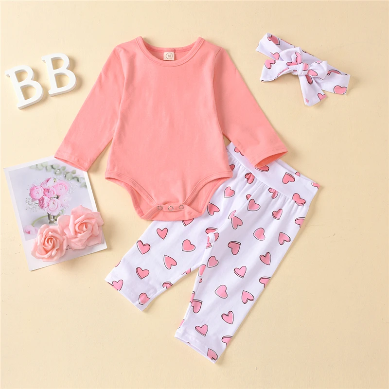 

Toddler Long Sleeve Romper+Love Printed Trousers+Bow Headdress, High Elastic Waist Spring Clothing Autumn clothes Heart print