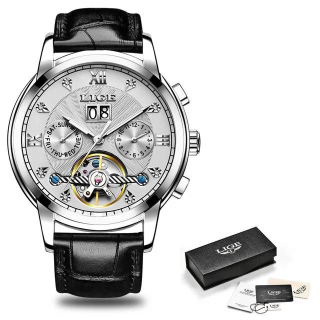 L silver White LIGE оригинальные часы для мужчин автоматические механические часы с турбийоном Роскошные модные спортивные часы из нержавеющей стали для мужчин s Relogio Masculino - Цвет: L silver White