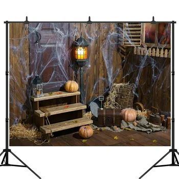 

Halloween Photography Backgrounds Spider Wood House Pumpkin Window Backdrops