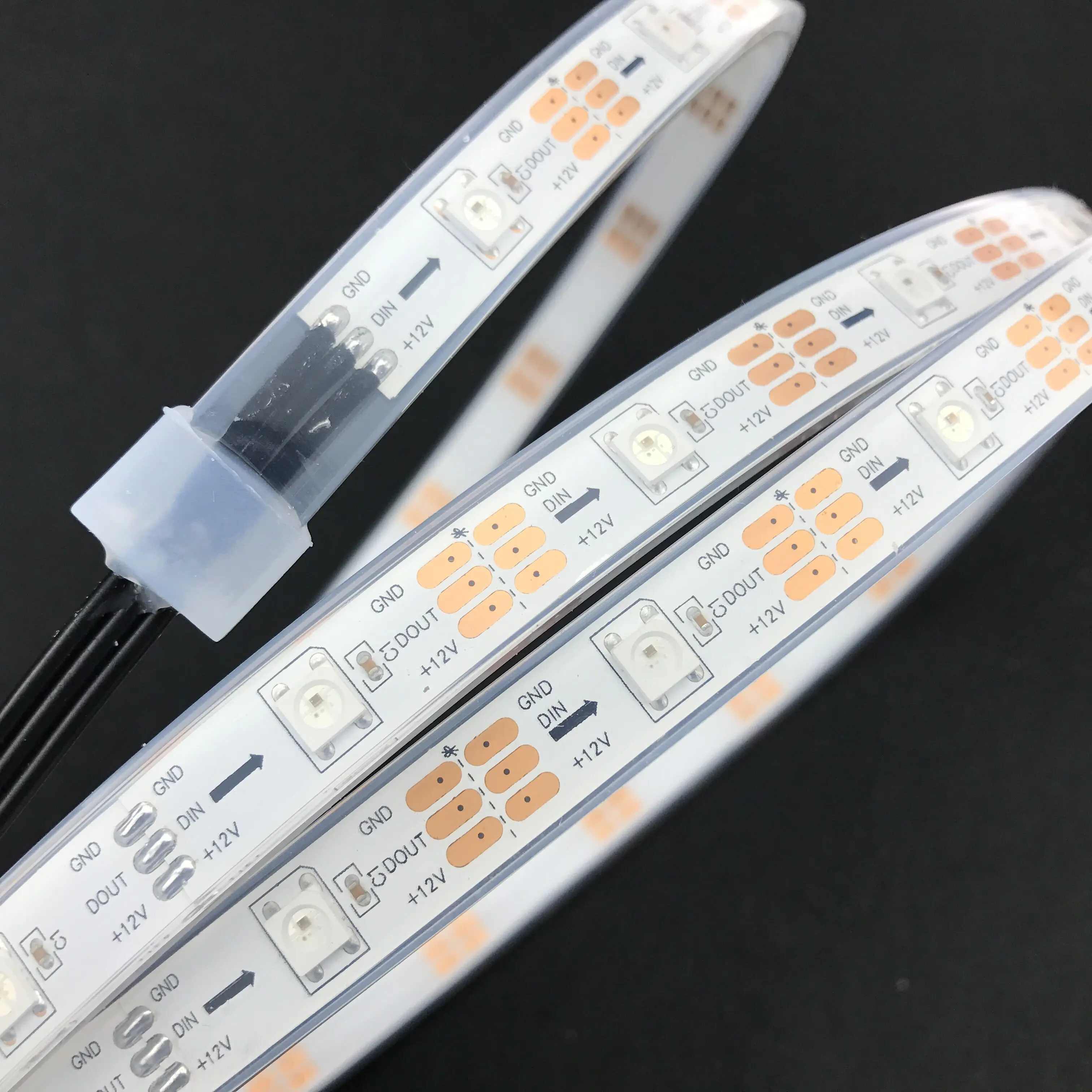 

5m 30LEDs/m DC12V addressable WS2812B led pixel,IP68,30pixels;WHITE PCB,IP68;epoxy resin filled in tube;2m long 13.5mm pigtials