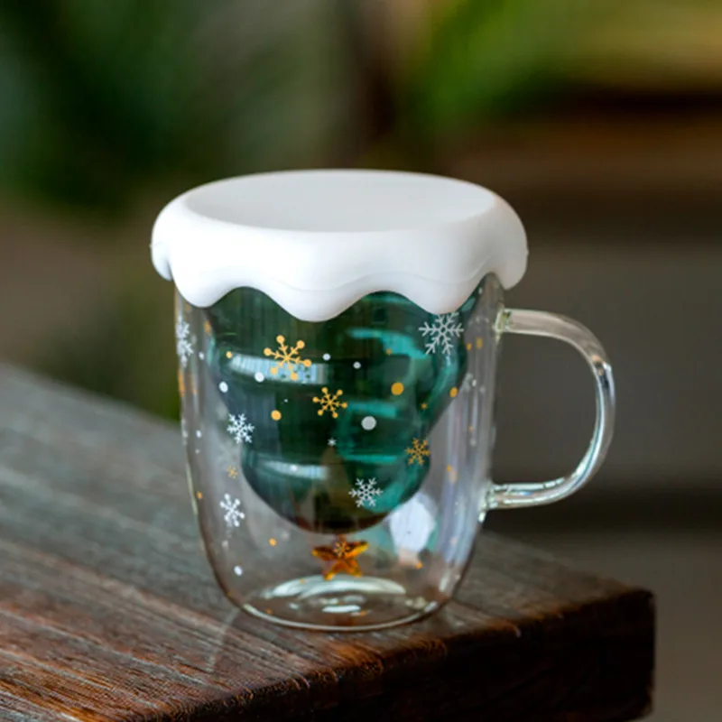 Cute Christmas Tree Mug Double Wall Glass Coffee Cups with Silocone Lid Snowflake Star Xmas Gift Wine Tea Milk Water Tumbler